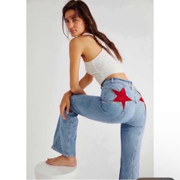 Free People Firecracker Flare Jeans Blue Red Suede Stars  26 - Picture 1 of 10